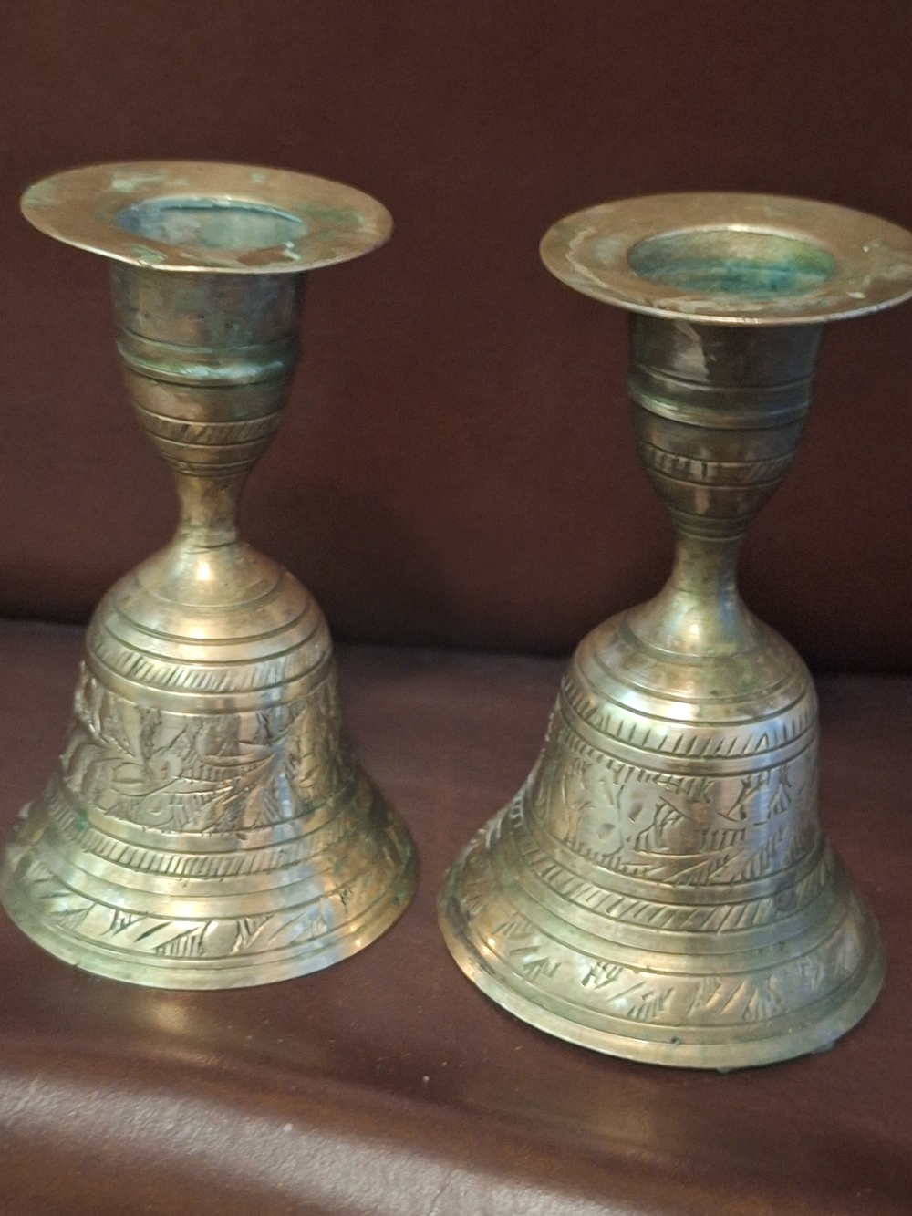Brass Decorative Bell Candlestick Pair - Antique-Style Green Patina